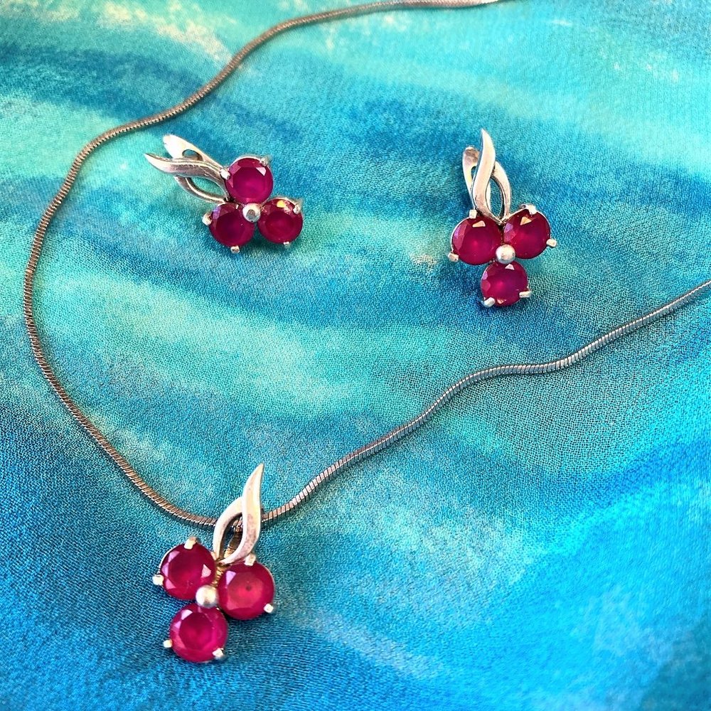 Ruby stone 925 Sterling Silver earrings and necklace set